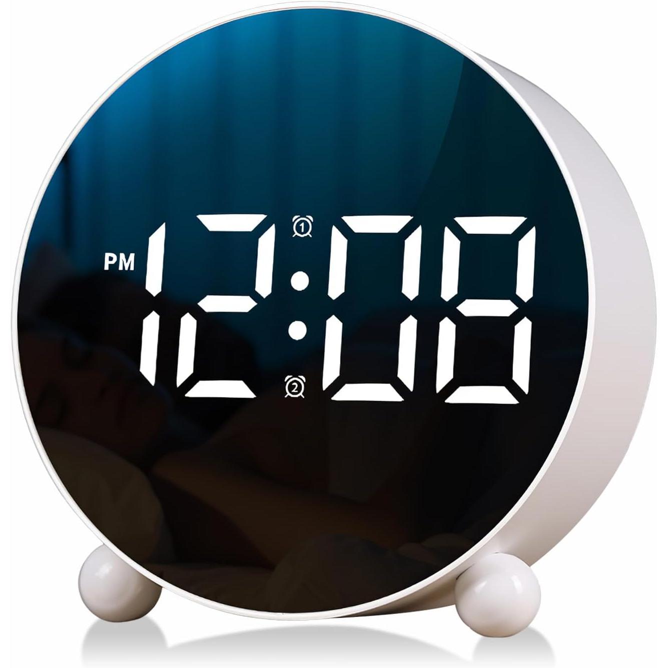 Reloj despertador digital, reloj despertador con pantalla LED redonda, reloj digital pequeño con doble campana, 3 niveles de brillo ajustables, reloj de escritorio silencioso, reloj despertador de