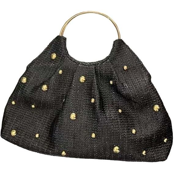 Bolso de mano tejido elegante de paja para mujer, bolso de noche redondo para fiesta con remaches decoración de cuentas