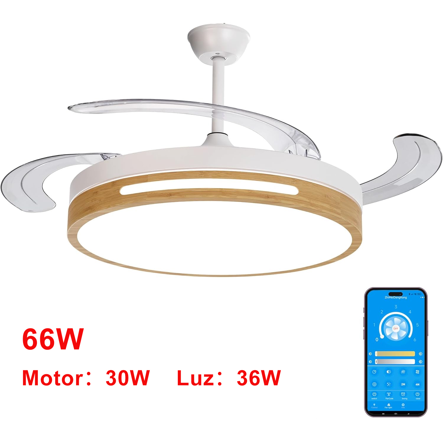 OStarkDom Ventilador techo 96W con luz 66W+30W de Motor DC,Silencioso con Mando a Distancia y Palas Retráctiles Interiores Plafón lluminación función verano-invierno+Control APP (Color Madera Nielo) OStarDom-LEDUNI
