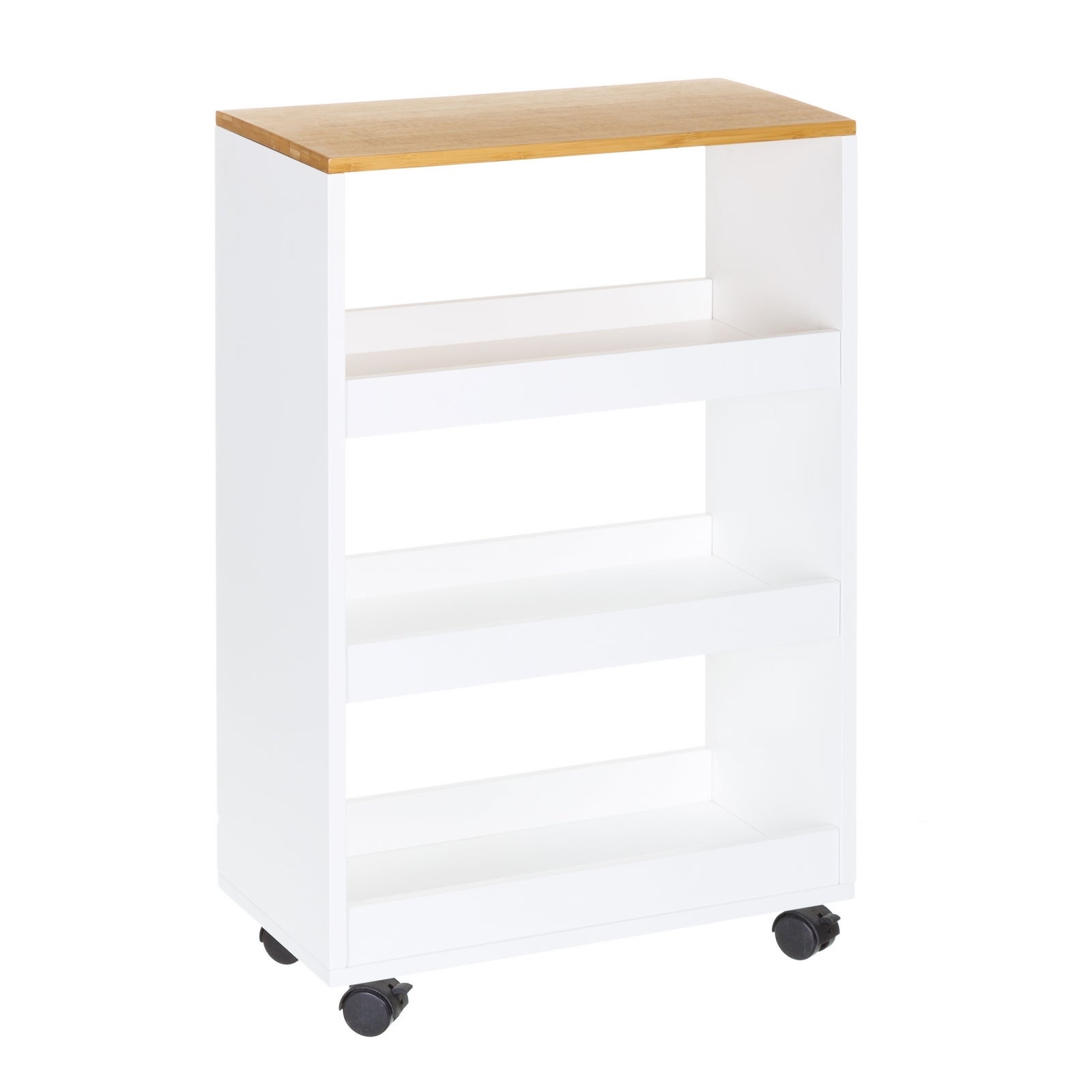 Estantería móvil de madera y bambú, colores blanco y natural de 48x24x77 cm Dispone de ruedas y 3 prácticos estantes. Un organizador auxiliar perfecto que aporta movilidad a cocina, baño o salón. CasaSelección