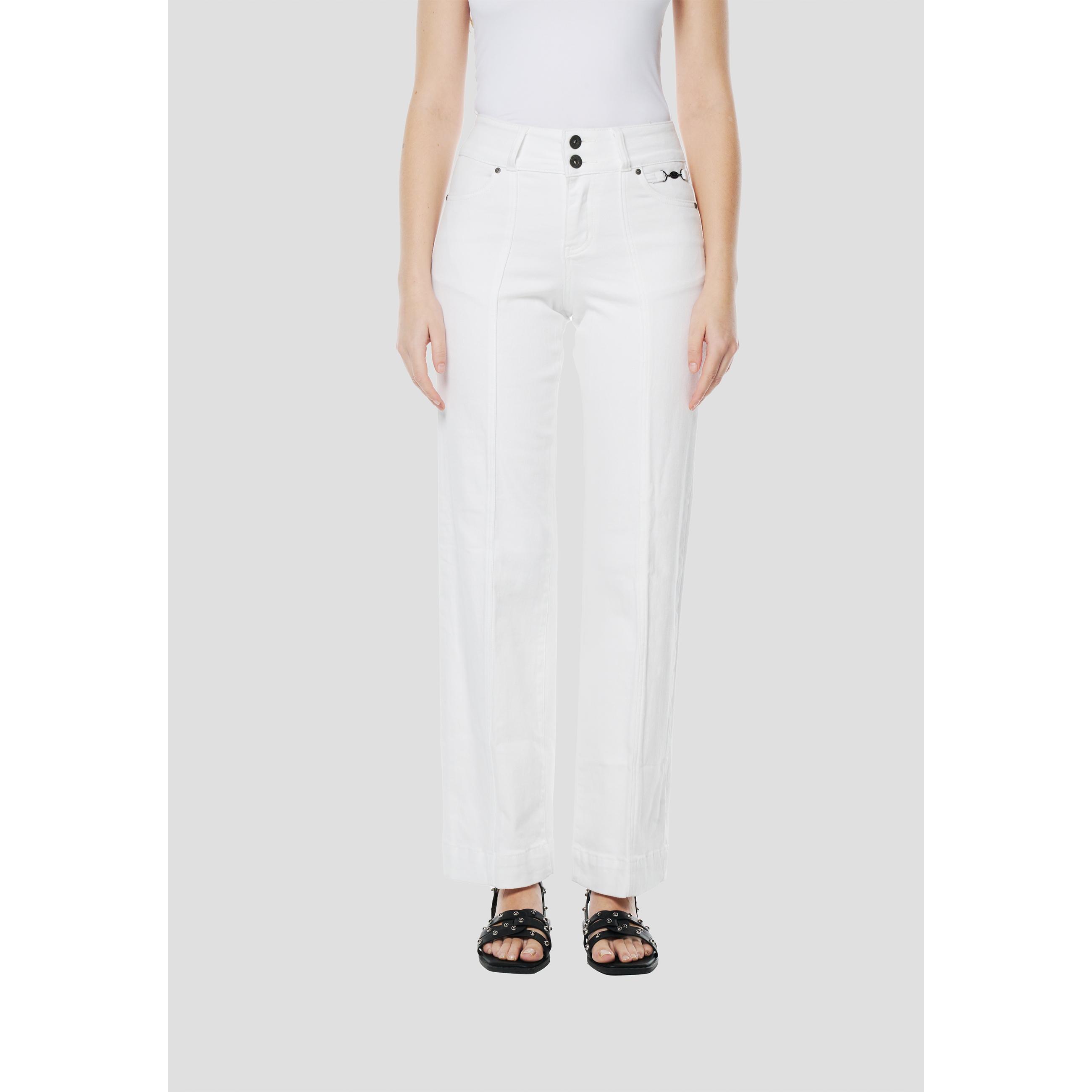 Koroshi - Pantalón vaquero wide leg para mujer de algodón y elastano con cintura ancha de doble botón, blanco luminoso y elegante para verano y street style