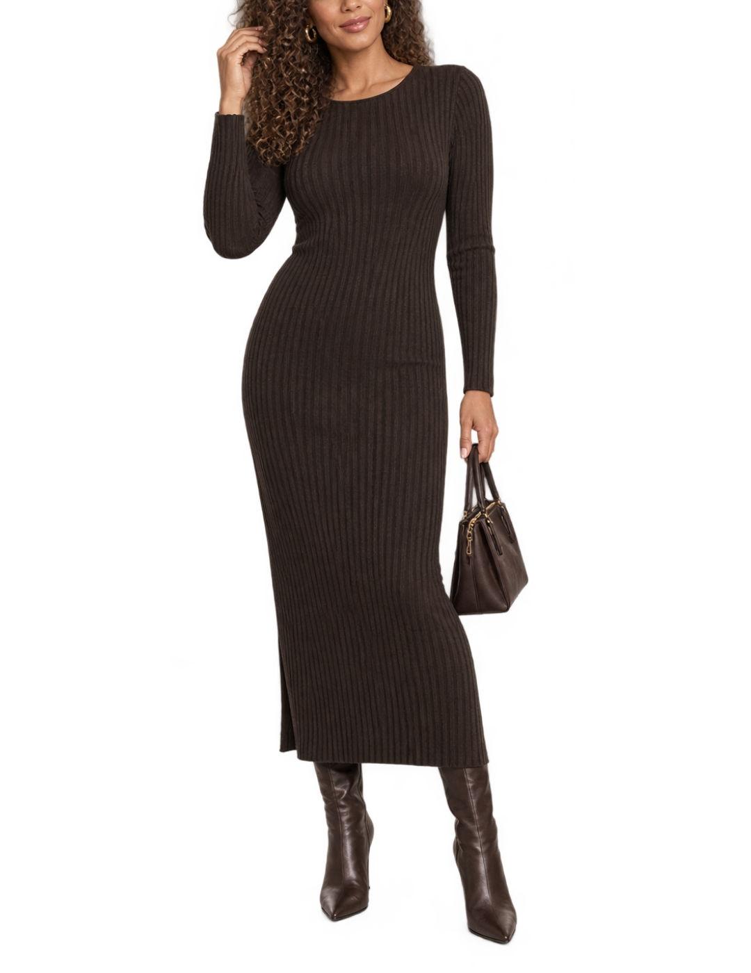 Vestido Only Lasta marrón largo canalé ajustado para mujer