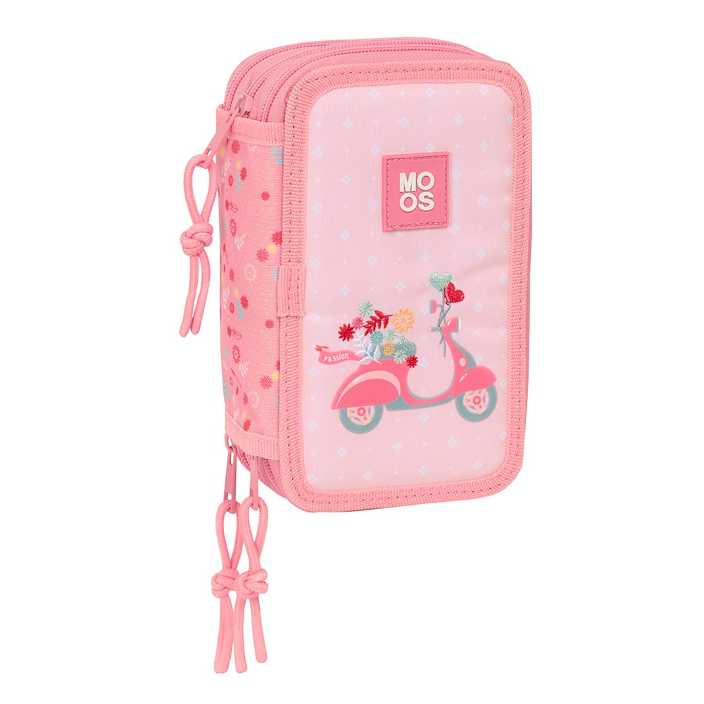 SAFTA | Portatodo Rectangular Moos con Goma Elástica Trasera, Estuche Escolar Organizador con 3 Compartimentos Separados con Cremallera y Bolsillo Interior Central, Vuelta al Cole Infantil y Juvenil