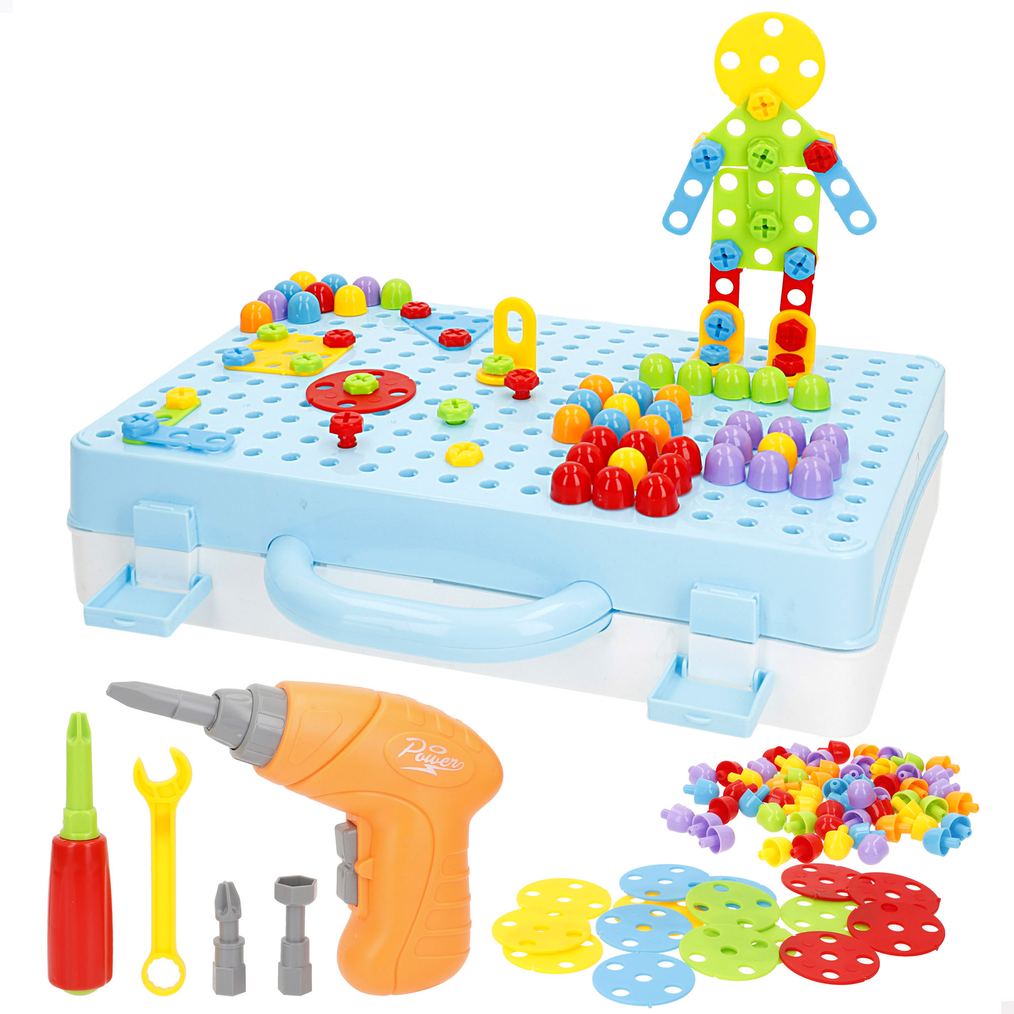 Smart Theory - Maletín juego de construcción, destornillador de juguete, más 200 piezas de colores, herramientas para jugar, construcción, desarrollo, STEM, para regalo, juguetes para niños + 6 años
