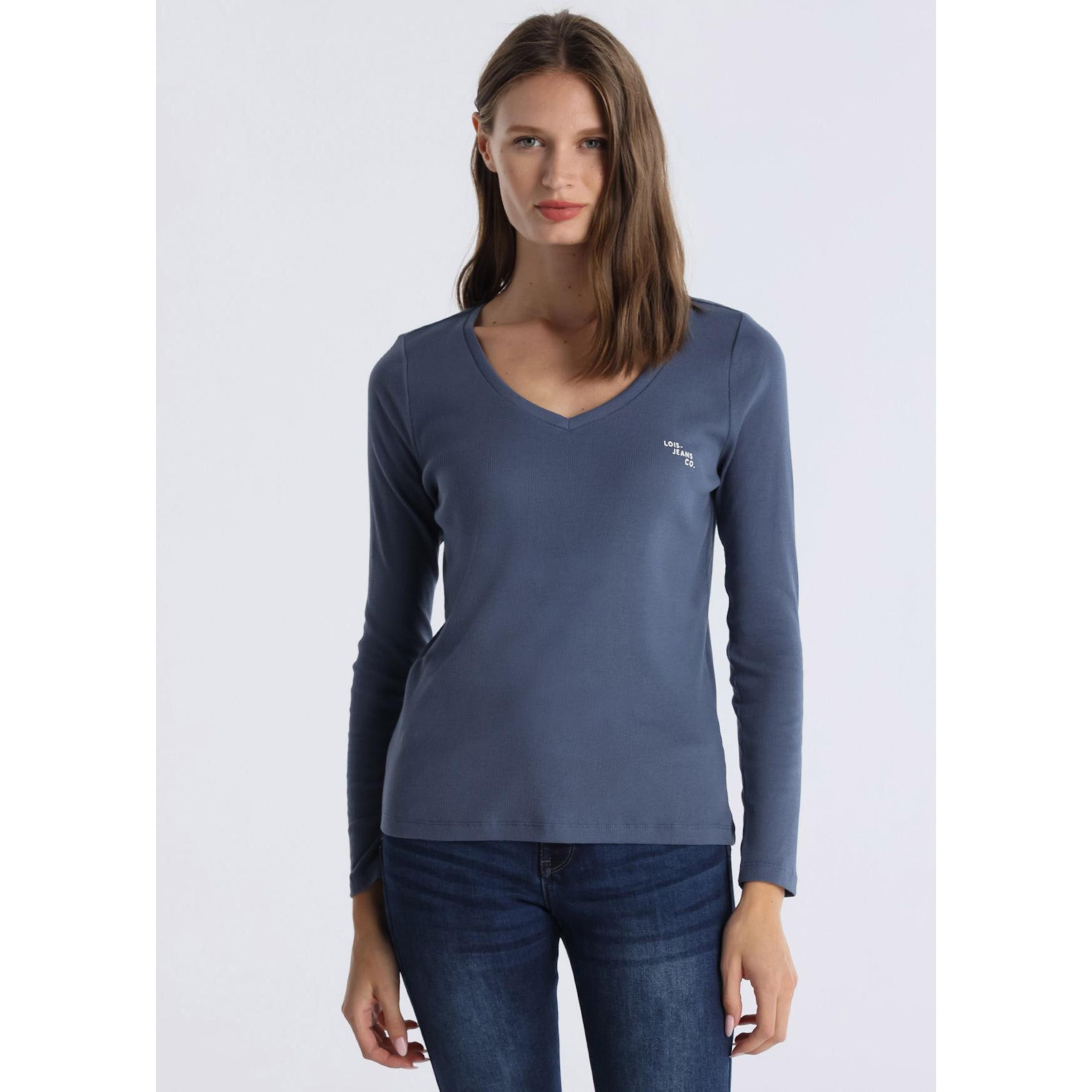 LOIS JEANS - Camiseta manga larga tejido rib cuello pico detalle logo