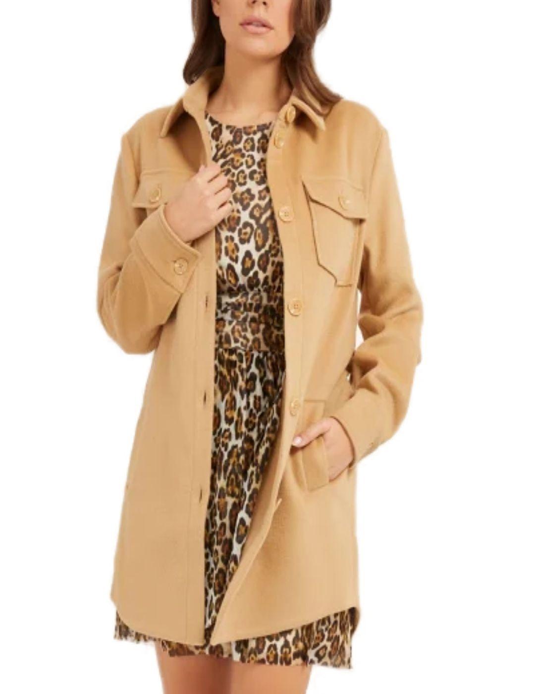 Chaqueta Guess Ambre Beige de Lana Larga para Mujer con Cinturón de Lazo