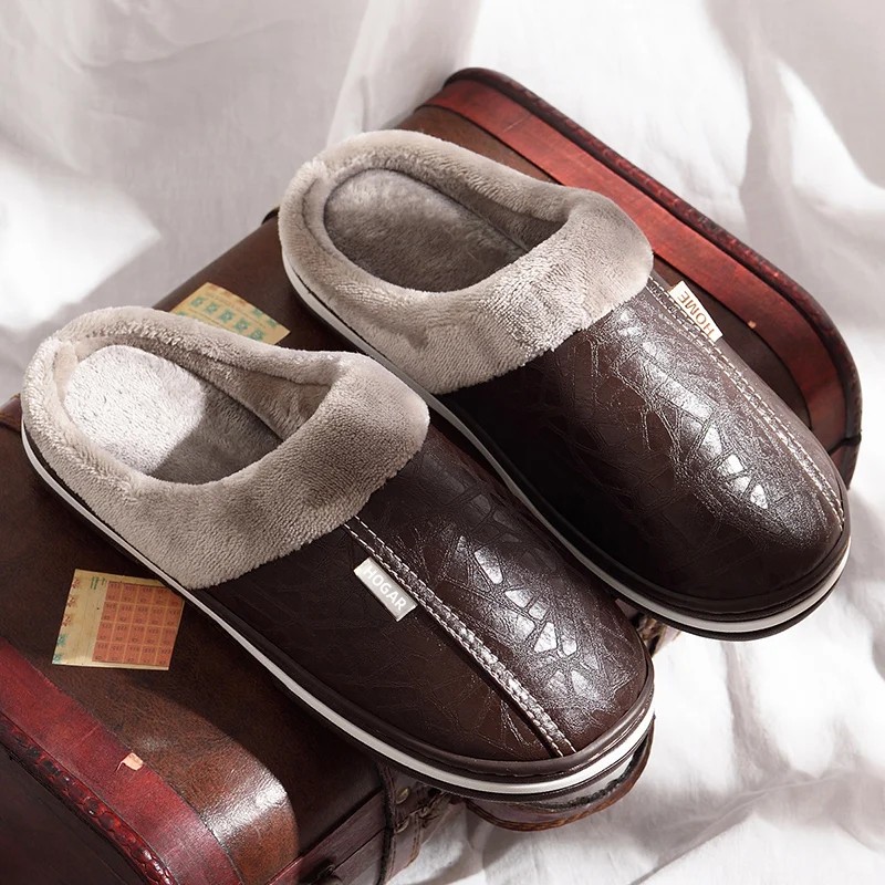TK Zapatillas De Casa Para Hombre Invierno Interior Cálidas Cuero TPU Con Suela PVC Impermeable Y Forro De Peluche Espeso Zapatos Planos Para Parejas