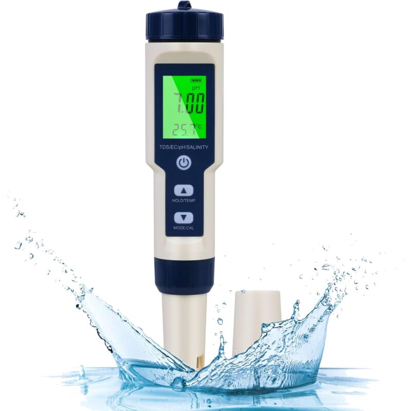 Comprobador de pH electrónico 5 en 1 con pantalla LCD retroiluminada Medición de pH/TDS/EC/temperatura Ideal para acuarios y piscinas
