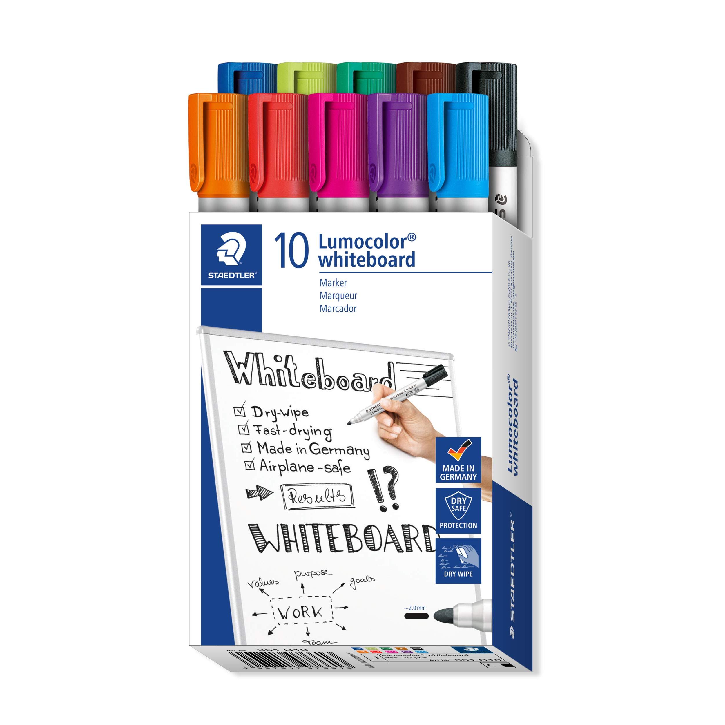 STAEDTLER 351 B10 Lumocolor Whiteboard Marker. Estuche de cartón con 10 marcadores para pizarra blanca, colores surtidos