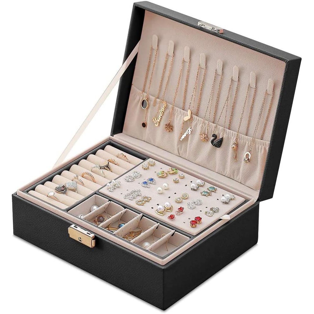 TK Joyero de Cuero PU para Mujer - Doble Capa - Caja de Almacenamiento para Joyas - Anillos - Pendientes - Pulseras - Collares - Relojes
