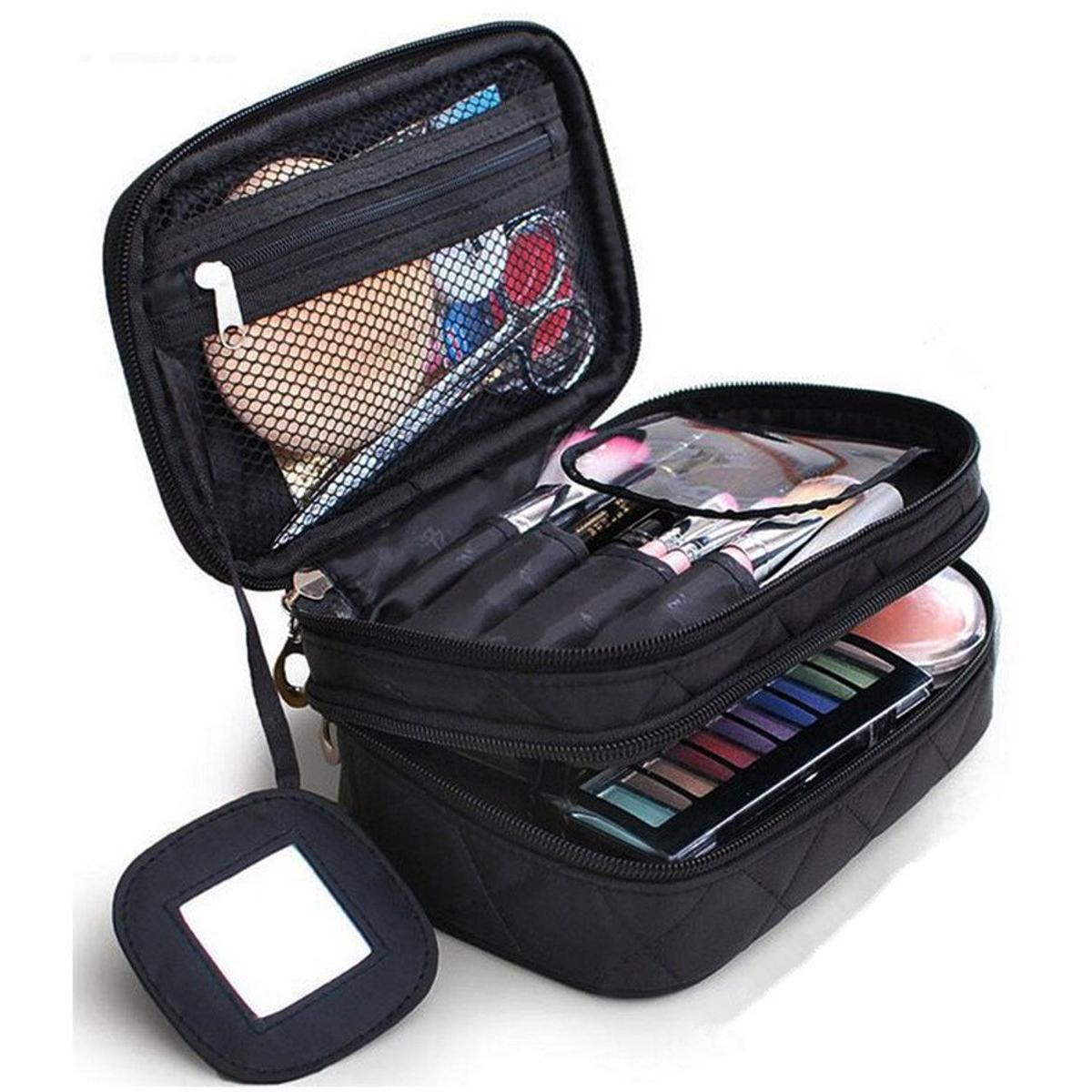 1 organizador de cosméticos - Neceser con espejo - 2 capas - Con prácticos compartimentos - Neceser - Negro