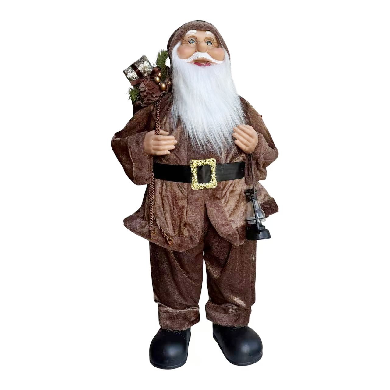 Papá Noel de Pie con Linterna (Marrón y Cuadros) y Saco de Regalos - Figura Navideña Decorativa, 3 Colores y 3 Tamaños (45, 60 y 80 cm), Adorno de Navidad para Hogar, escaparates y Fiestas - Gerimport