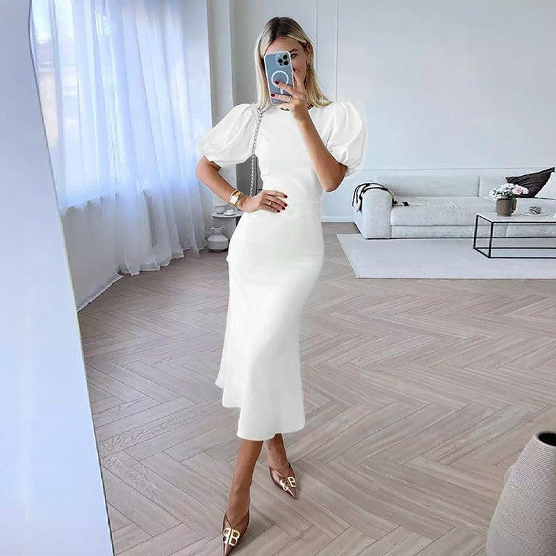 TK 2024 Mujeres Verano Nuevo Cuello Redondo Burbuja Vestido Corto Manga de Moda Elegante Delgado Cinturón Largo 1