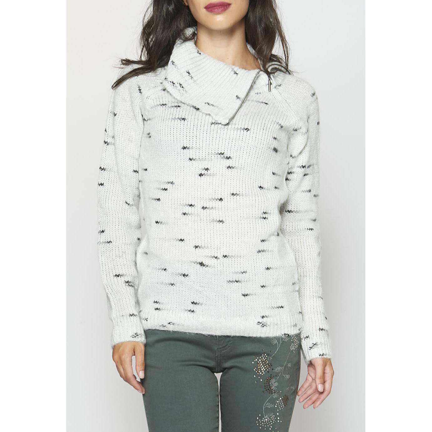 Koroshi - Jersey de mujer con cuello alto vuelto y cremallera estilo troyer, 52% poliéster 31% acrílico 10% poliamida 7% lana, crudo – Koroshi