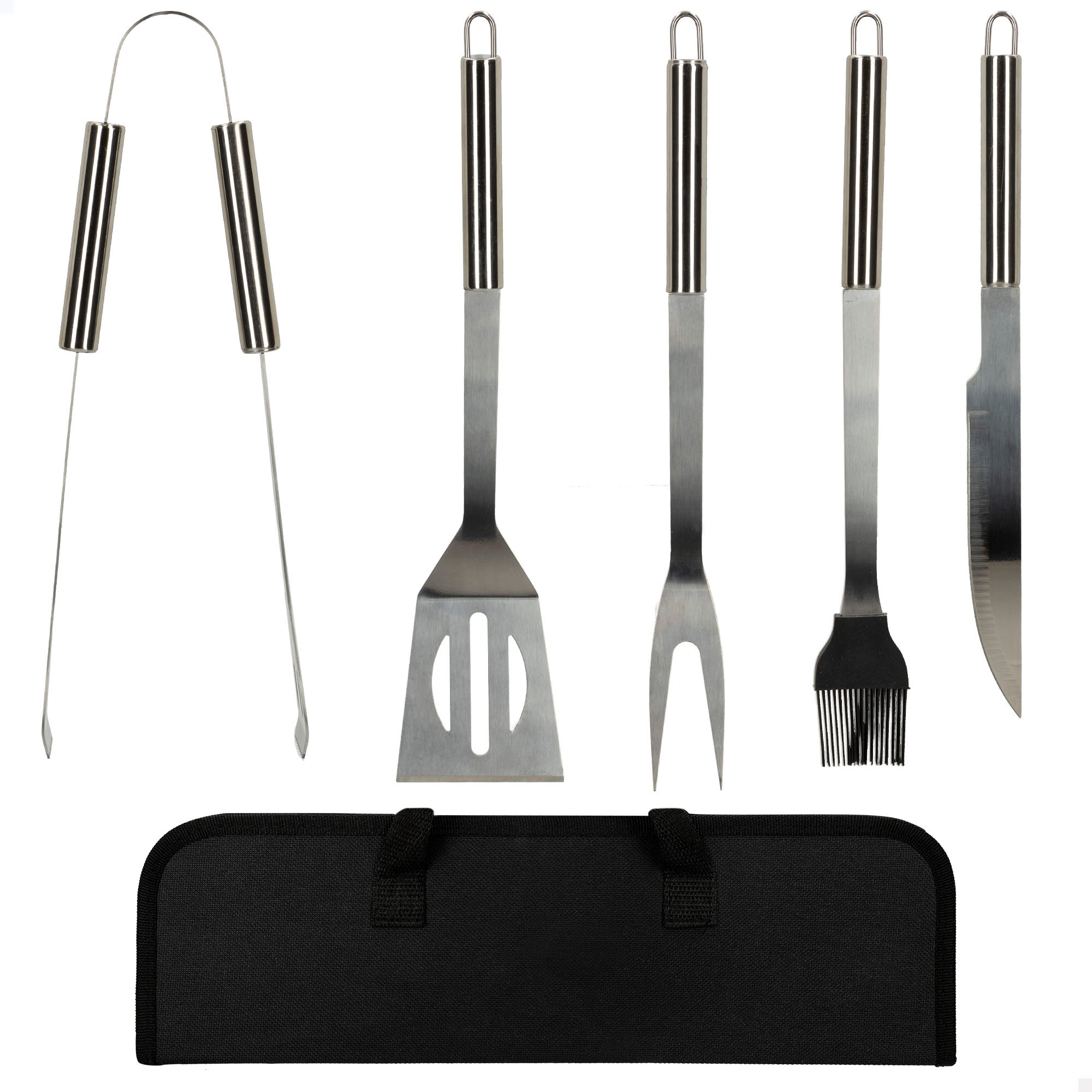 Estuche de utensilios para barbacoa Aktive, Utensilios barbacoa Maletín barbacoa incluye 5 piezas: brocha cocina, pinzas barbacoa, espátula barbacoa, tenedor y cuchillo Material acero inoxidable Fácil de transportar