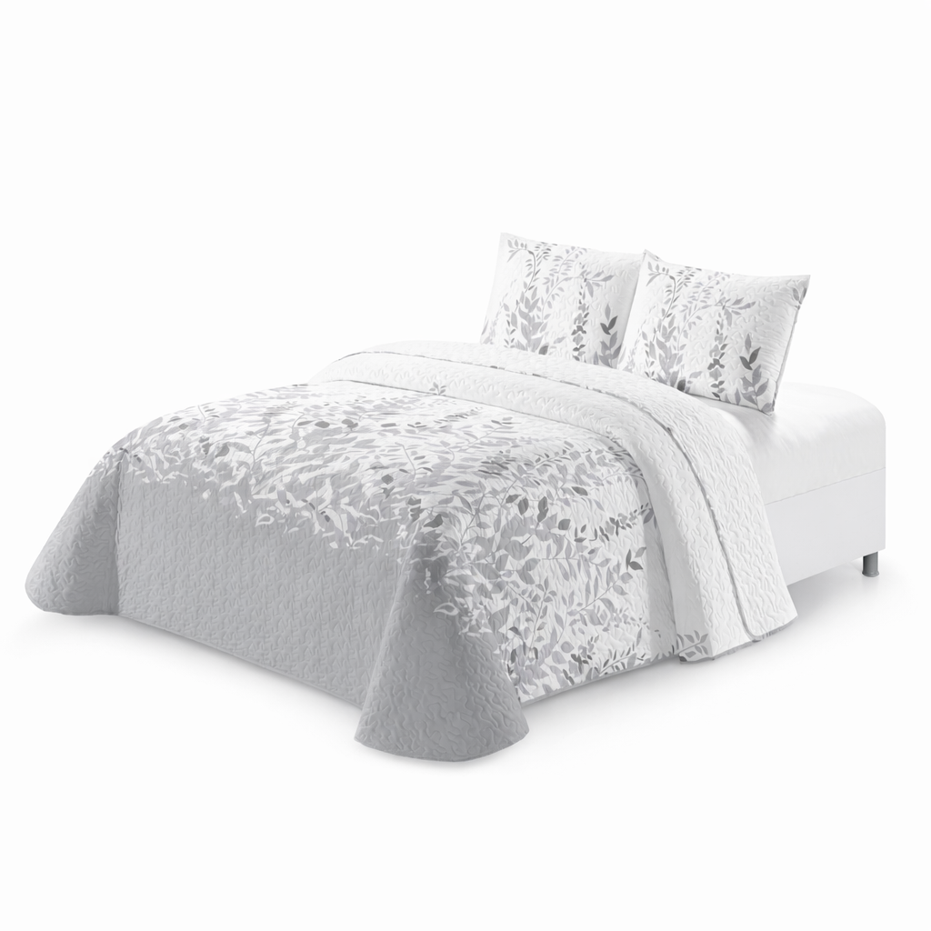 DECOCASA Colcha Bouti Acolchada Ligera Estampado Hojas – Tonos Gris y Blanco