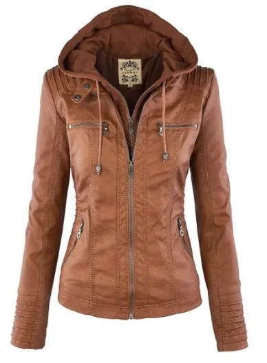 TK Chaqueta De Cuero Sintético Para Mujer 2025 Café Invierno Motocicleta Gótica Con Capucha Outerwear Basic Coat Cierre De Cremallera Material De Cuero PU