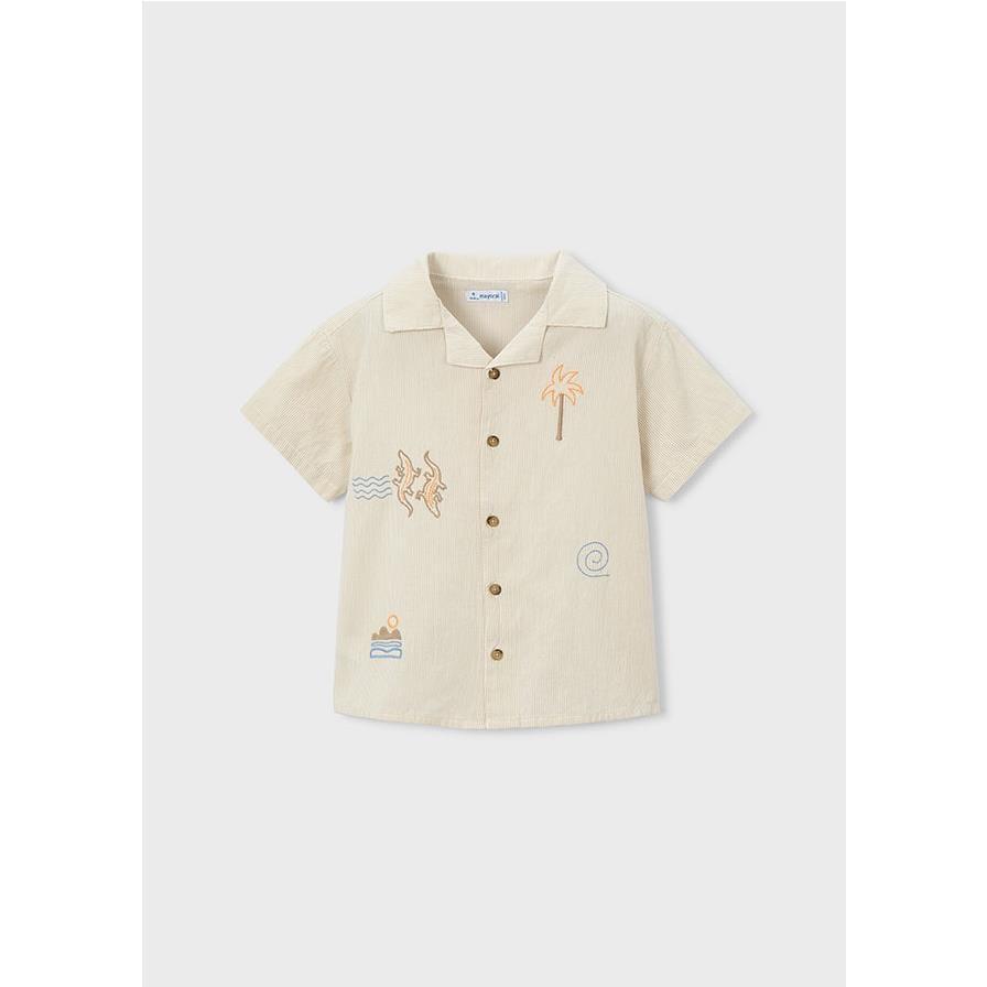 Mayoral - Camisa de manga corta con bordados para niño, estilo casual y cómoda, color beige, ideal para uso diario y ocasiones especiales