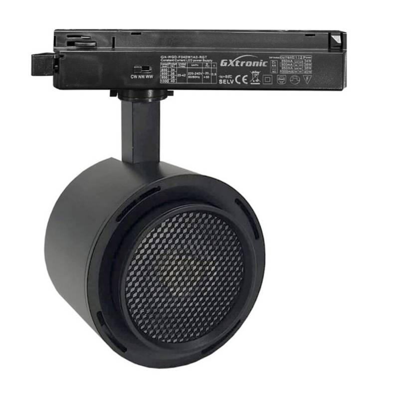 LEDBOX Foco carril Monofásico ROMA, 40W-34W, negro, regulable 24º-60º, UGR13, CCT, 3000-4000-6000K. Iluminación comercial Led, Iluminación de carril