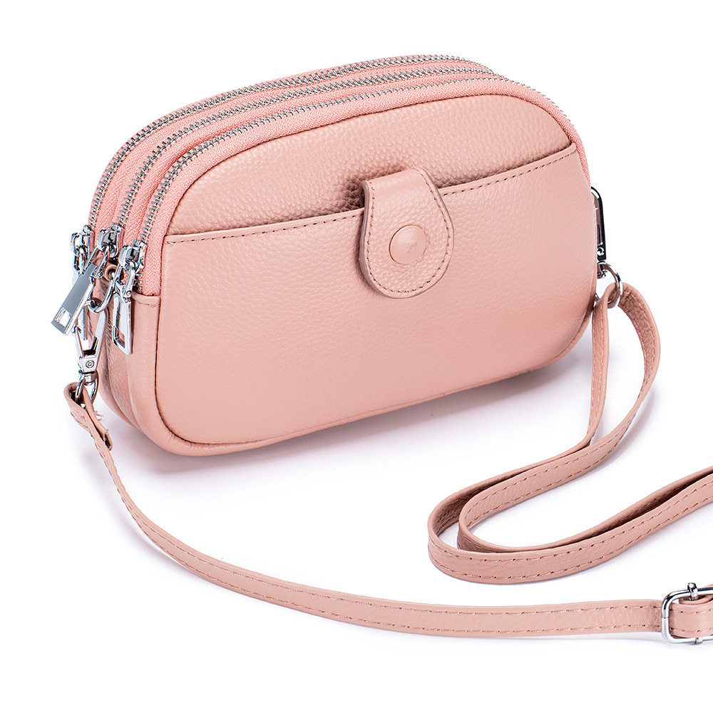 Bolso bandolera pequeño de piel auténtica para mujer, 3 compartimentos con cremallera, 1 bolsillo frontal