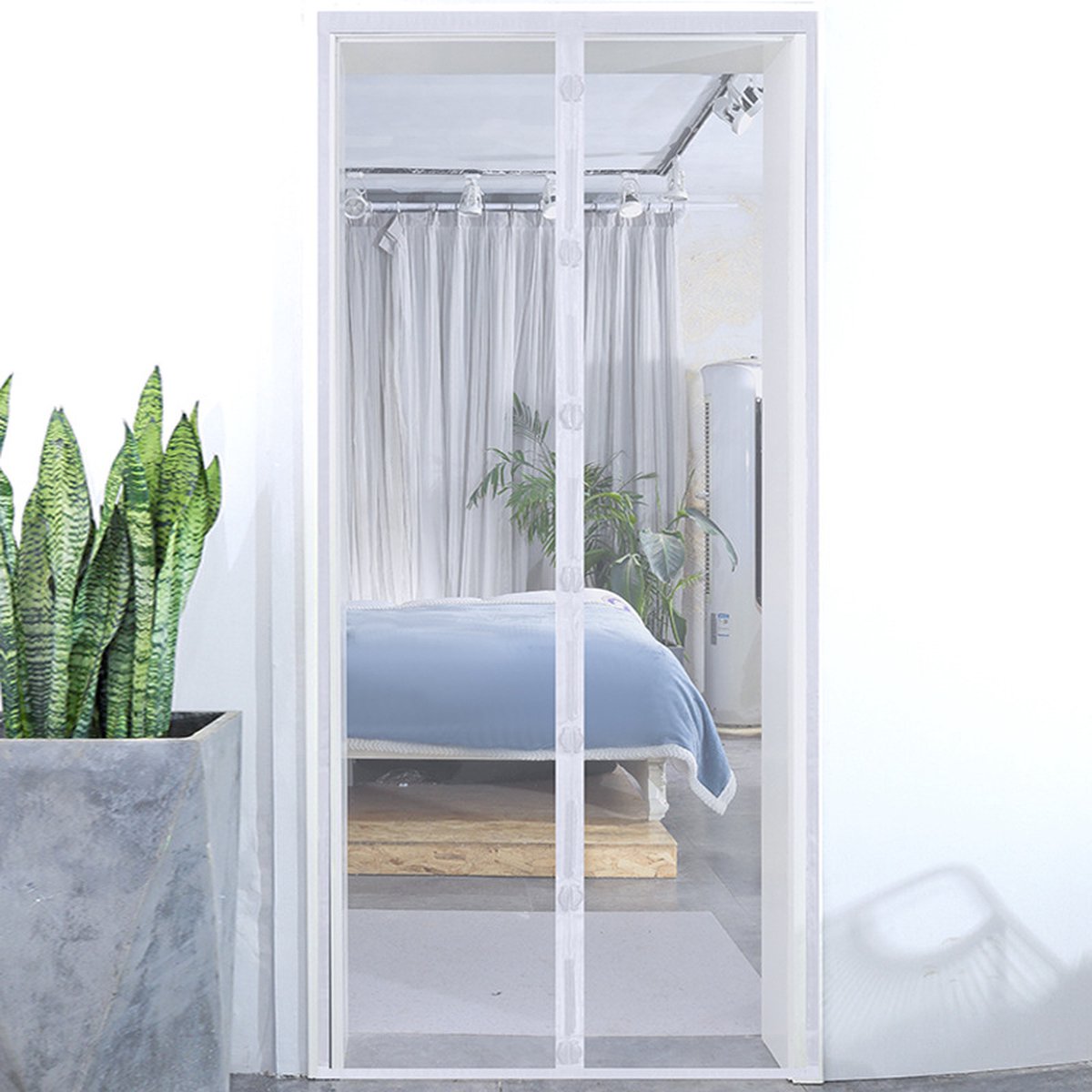 Om Home Cortina mosquitera magnética para puerta, cortina autoadhesiva para puerta, cortina magnética de cierre automático con potentes imanes y cinta mágica de marco completo para mantener alejados a los insectos - Cinta blanca - 90*210
