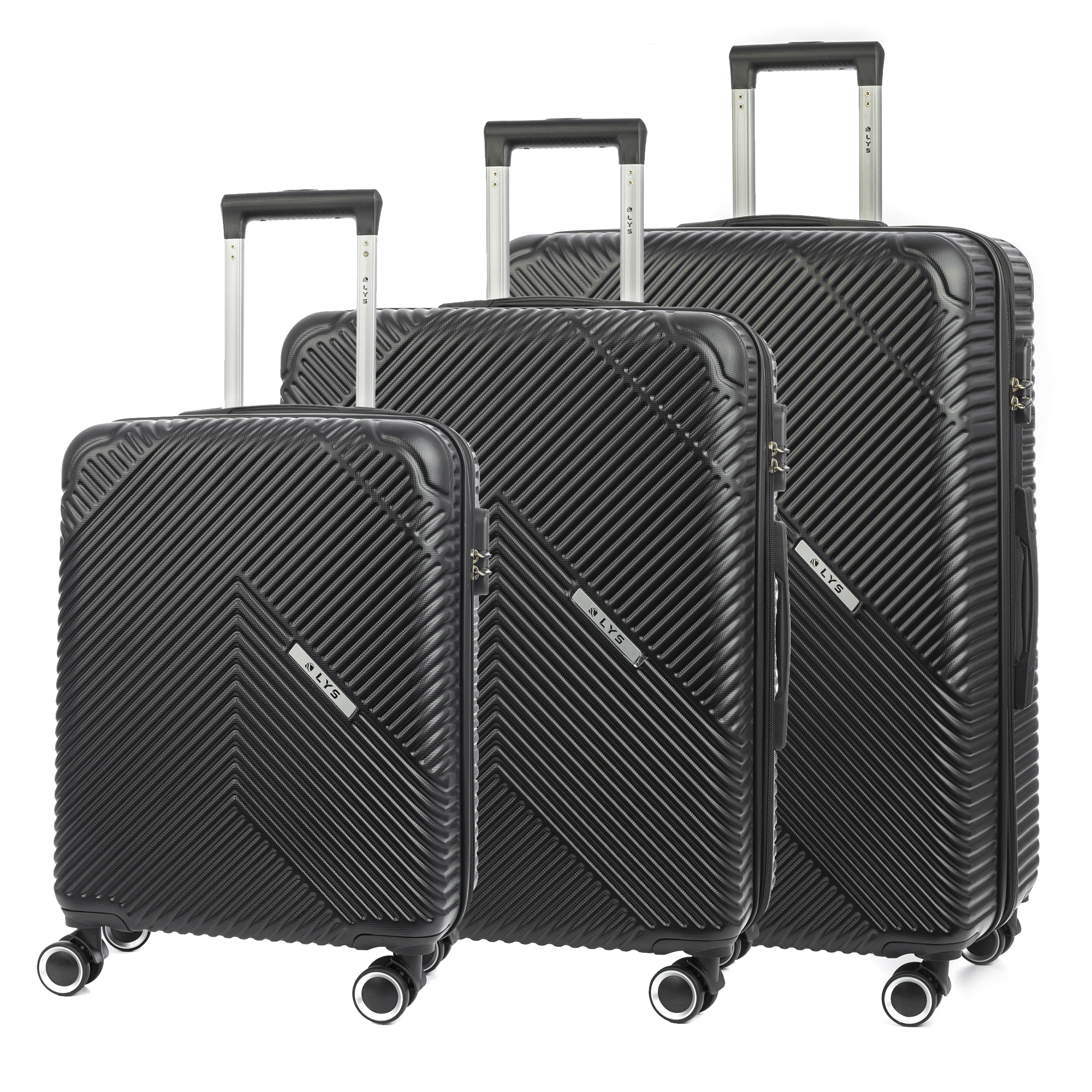DAM.Juego de tres Maletas Trolley extensible, en material ligero ABS de alta resistencia. Cerradura numérica, 4 ruedas dobles giratorias 360°. 77x30x50cm