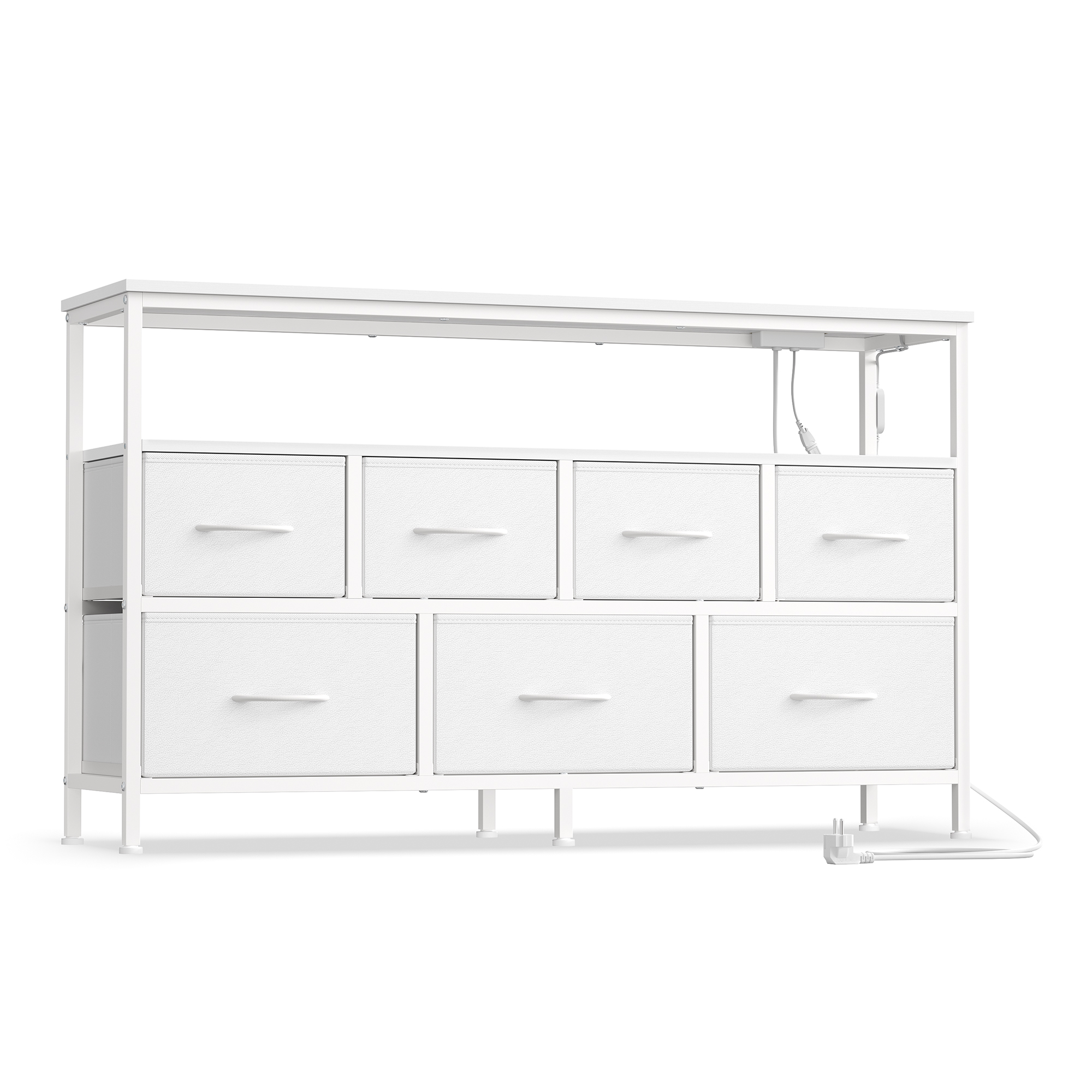 SONGMICS Cómoda de 7 Cajones con Luces LED y Puertos USB, Estante Abierto, 113,8 x 30 x 68,1 cm, Blanco Nube/Marrón Rústico y Negro Tinta