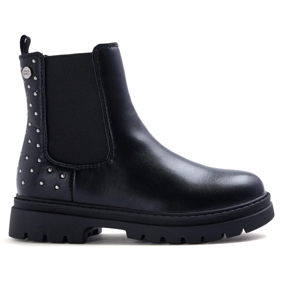 Botines Gioseppo de niña negros estilo Chelsea con elásticos laterales y tachuelas