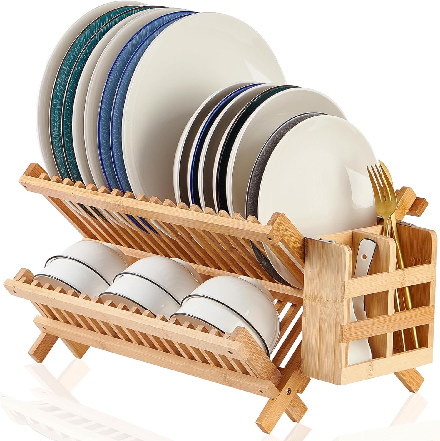 Meyvaser Escurridor de platos de bambú de 2 niveles, Escurreplatos Madera plegable con soporte para utensilios, estante de secado de madera para encimera de cocina, soporte para platos de cocina esenciales de apartamento, organización de cocina