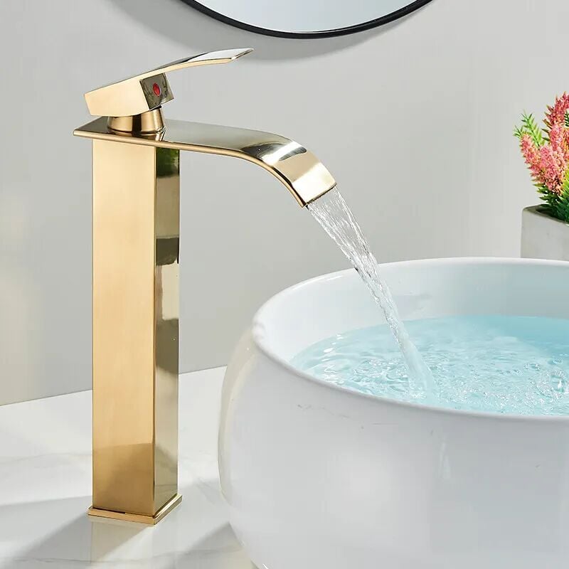 Grifo de lavabo en cascada dorado, mezclador de baño en cascada con caño de altura, mezclador de lavabo en cascada frío y caliente ajustable, grifo de baño de acero inoxidable
