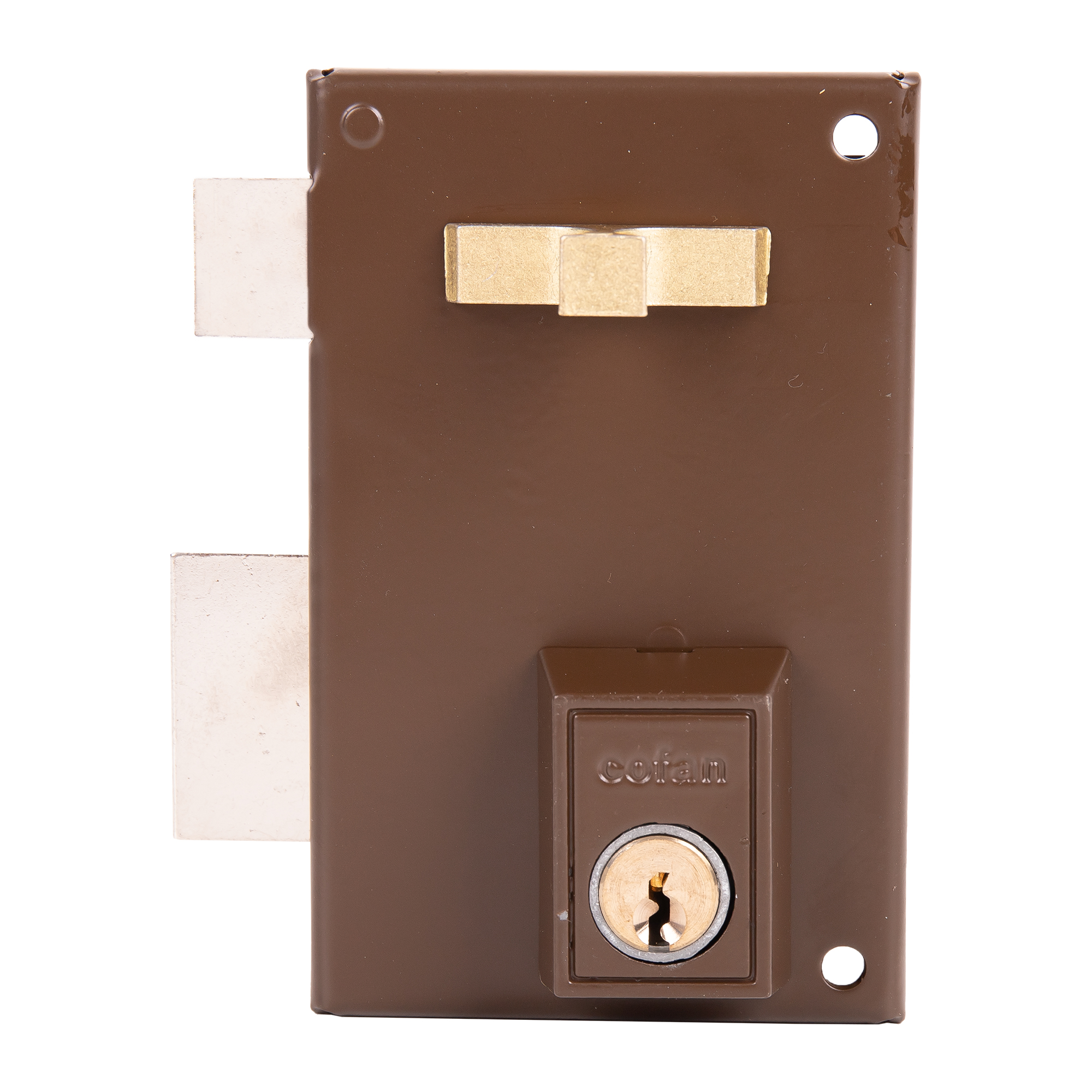 Cofan Cerradura de sobreponer de izquierda | Cilindro redondo de Ø25 mm | Con tirador, palanca de cierre y lengüeta | 3 llaves incluidas | Color: marrón | Cerradura adaptable al modelo 56A | Medidas: 8,7 x 7 x 11,2 cm