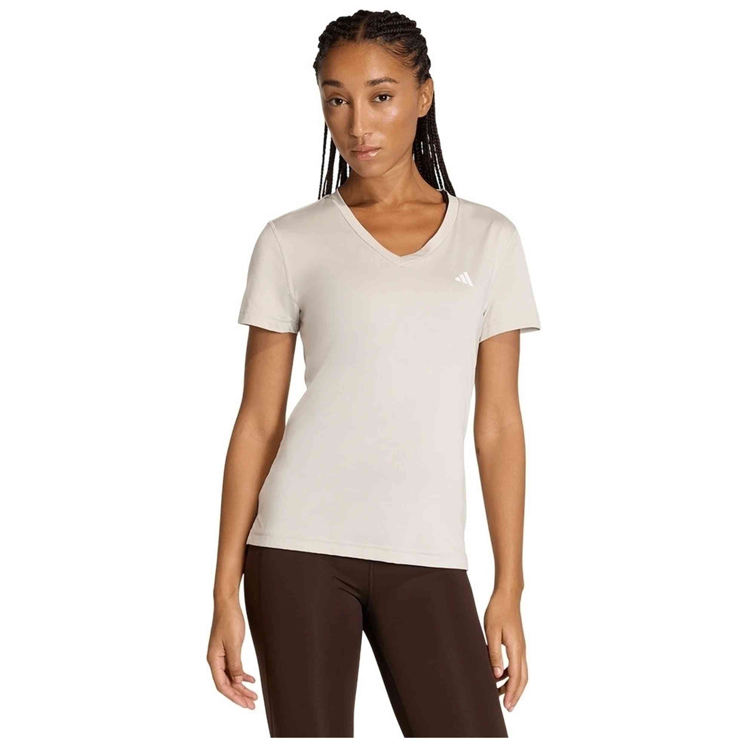 Camiseta De Manga Corta Adidas modelo Workout Essentials V-Neck T-Shirt "Wonder Alumina" para Mujer en color Beige