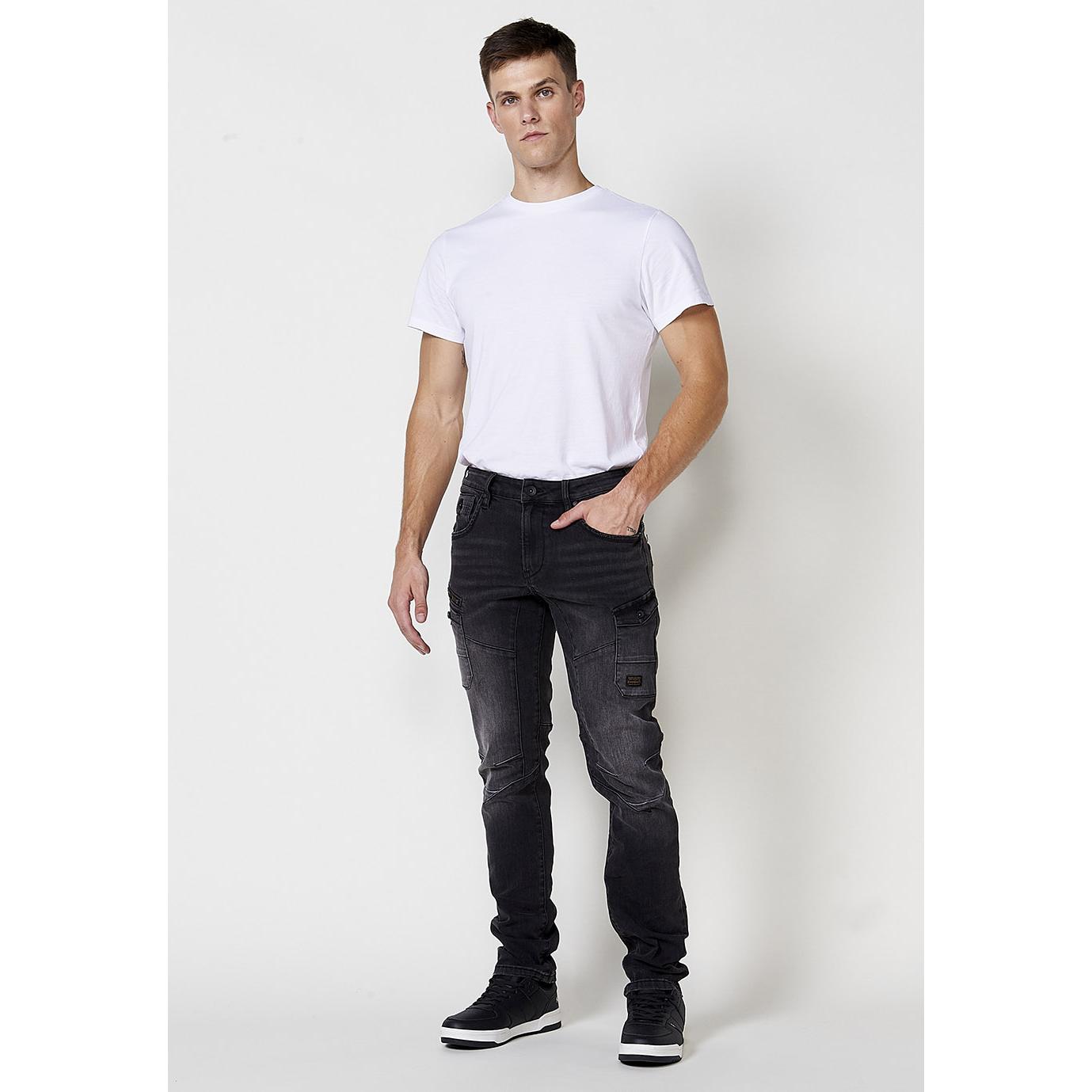 Koroshi - Pantalón vaquero hombre corte recto regular fit workwear con bolsillos cargo, 68% algodón y elastano para estilo urbano y funcionalidad