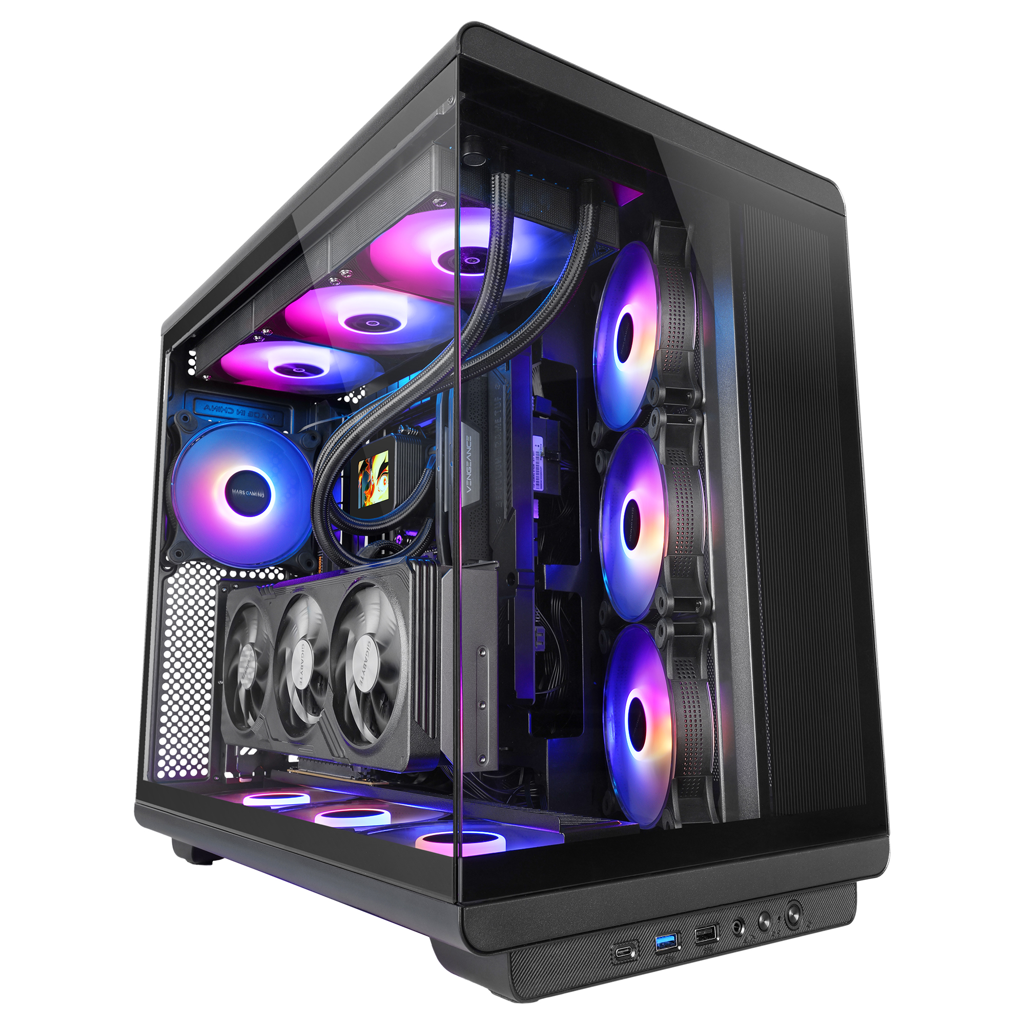 Mars Gaming MC-REV, Caja Gaming ATX, Doble Cristal Templado, 3x Ventiladores ARGB Invertidos 12cm, Montaje Vertical de Tarjetas Gráficas, Torre PC con Soporte Refrigeración Líquida hasta 360mm, Caja Gamer Negra o Blanca