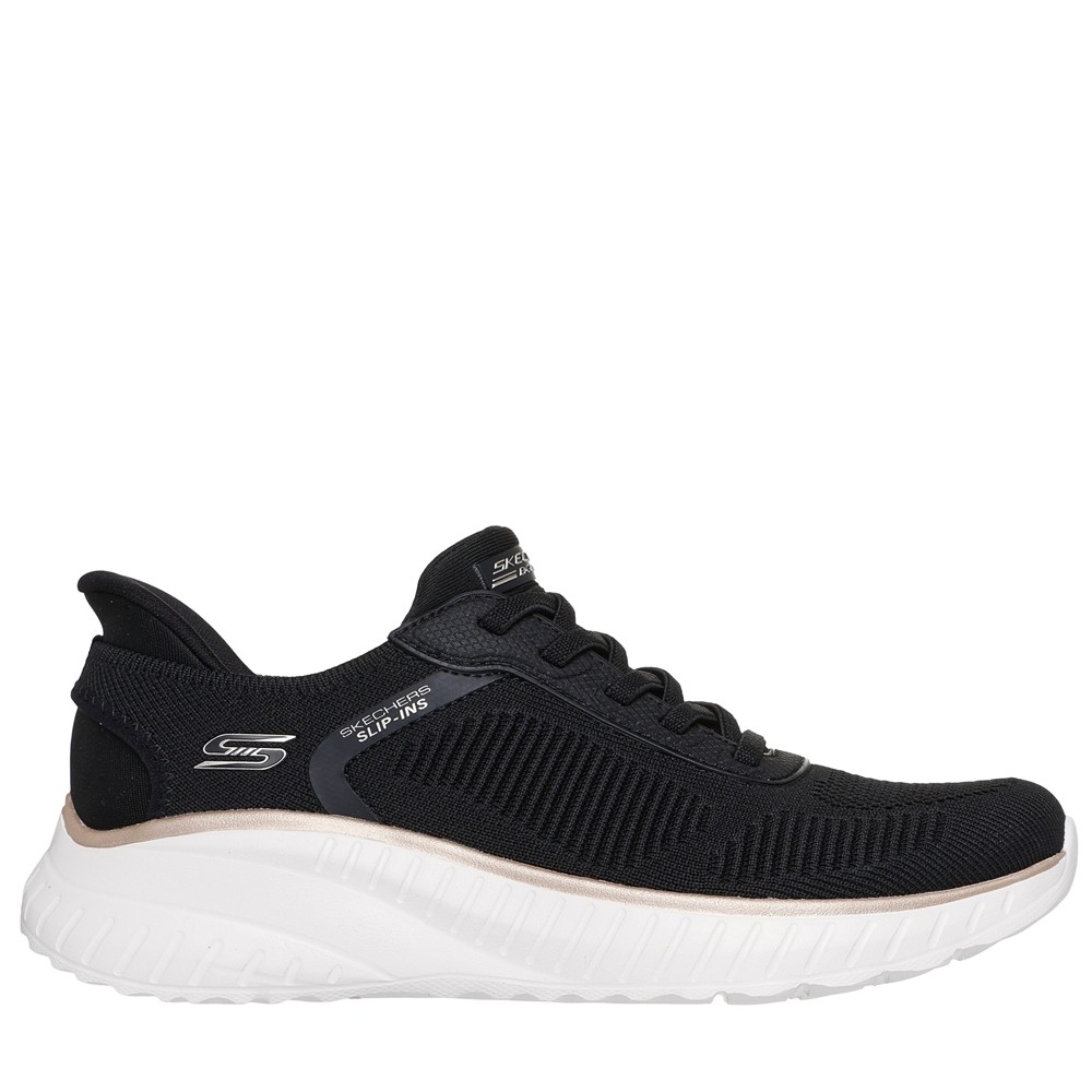 Cómoda  Zapatilla mujer Skechers SLIP-INS BOBS SQUAD CHAOS tejido negro. Diseño para calzar sin manos Comfort Pillow en el talón. Plantilla amortiguadora Memory Foam Altura Tacón bajo (1-3 cm) Referencia 117497-BKGD