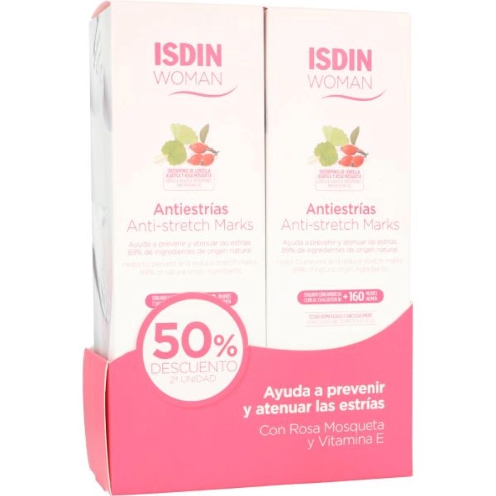ISDIN - Crema corporal antiestrías Woman Antiestrías Duplo 2 x 250 ml para embarazo y cambios de peso, hidratante intensa y rápida absorción