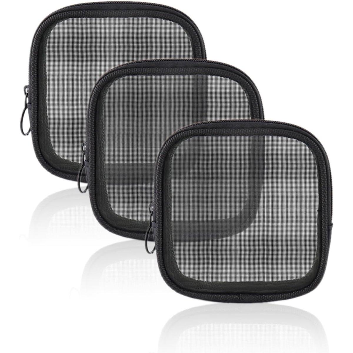 Paquete de 3 neceseres de maquillaje de malla, neceser de viaje con cremallera, mini neceser para accesorios de uso diario (pequeño, negro)
