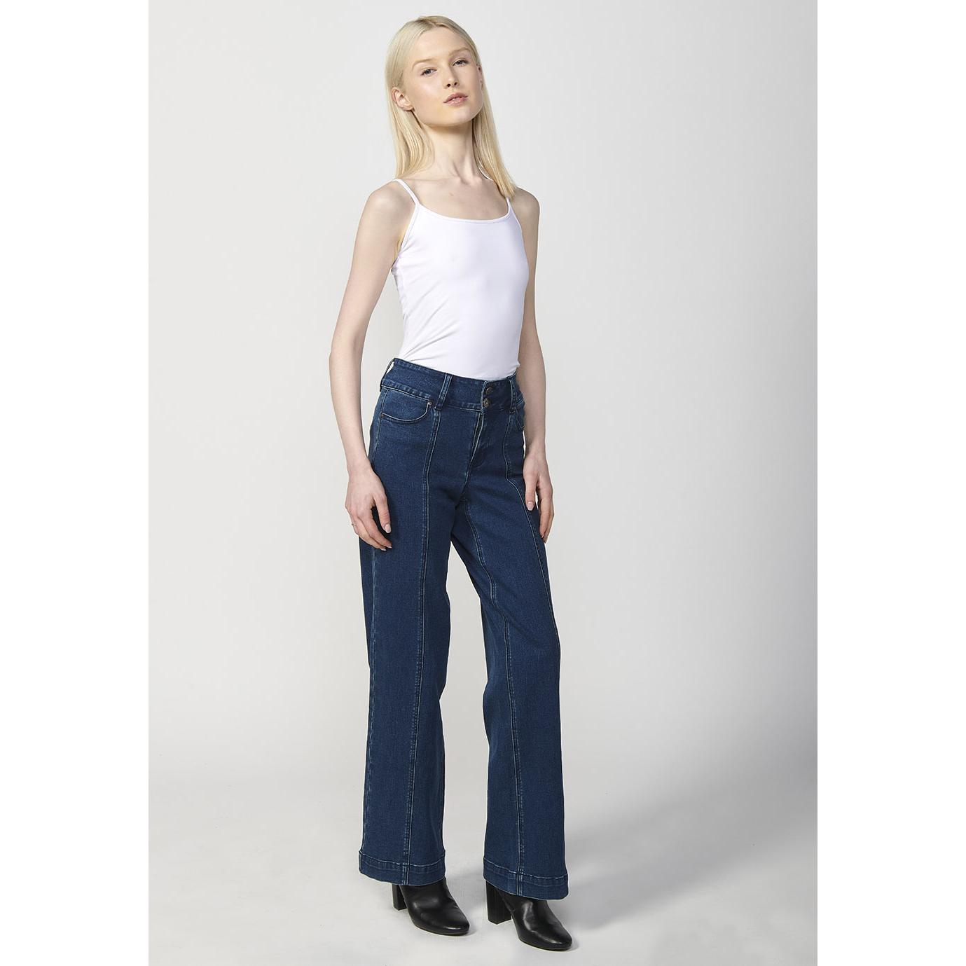 Koroshi - Pantalón vaquero flare mujer de denim 70% algodón con elastano, costura delantera estilizadora y corte acampanado azul oscuro