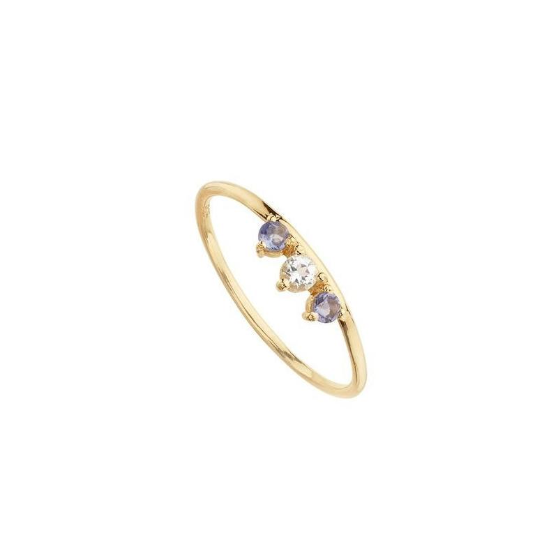 SRN-201-042 Anillo Patna Holi de Plata con Baño de Oro Amarillo, Cristal de Roca y Iolita