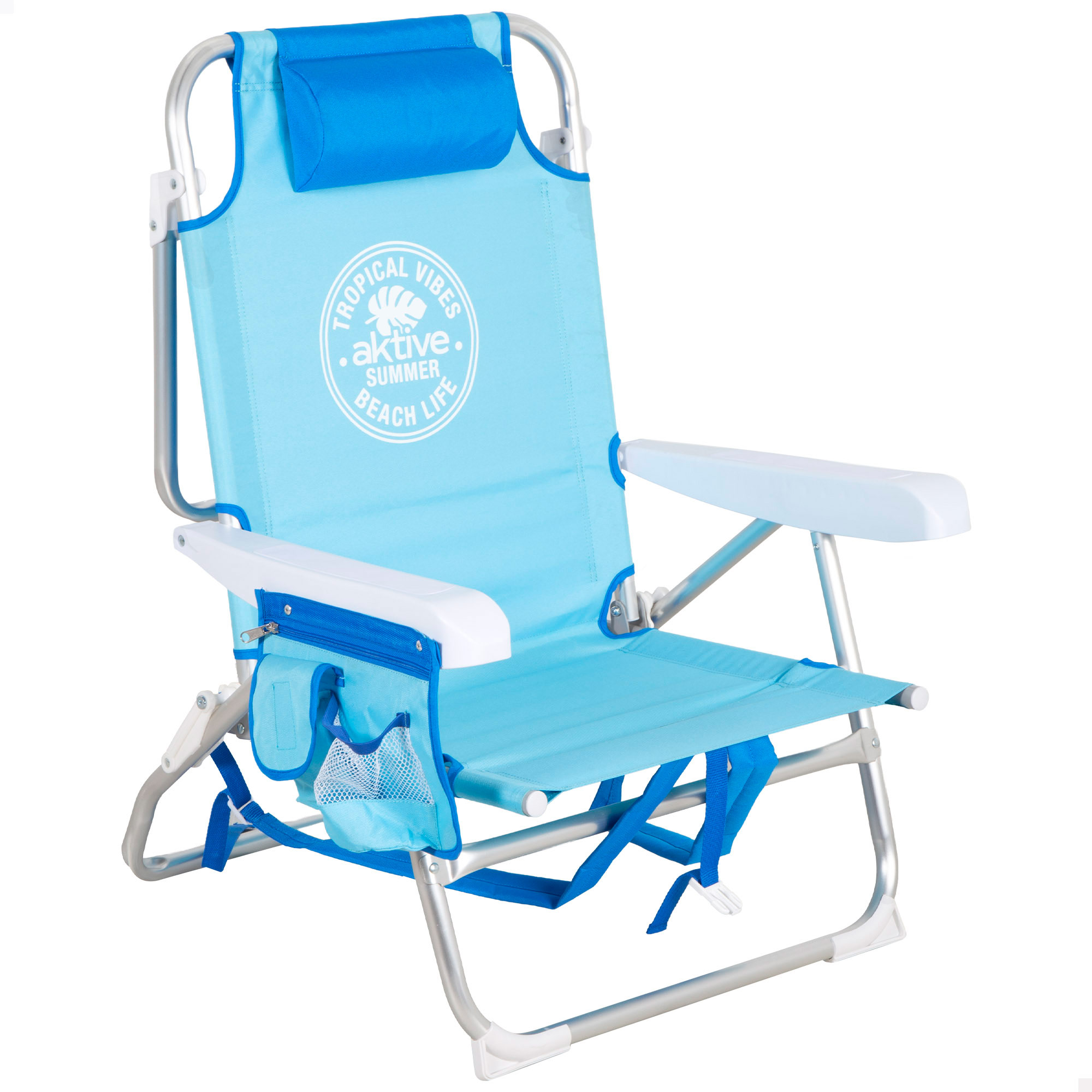 Aktive - Silla de playa multiposición con mochila, sillas coloridas, asiento con altura media, estructura resistente, 5 posiciones, convertible en tumbona, muebles playa, silla plegable azul, packs playa