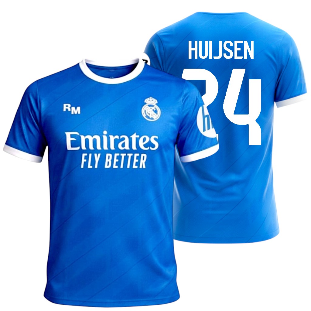 Real Madrid - 3ª Equipación Réplica Oficial | Temporada 25-26 | Color Azul con Detalles Blancos | Nombre y Dorsal Huijsen 24 | Tejido Transpirable | Corte Slim Fit | Fans y Coleccionistas