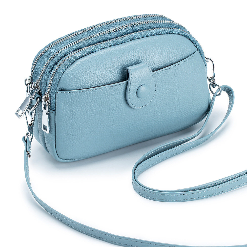Bolso bandolera pequeño de piel auténtica para mujer, 3 compartimentos con cremallera, 1 bolsillo frontal