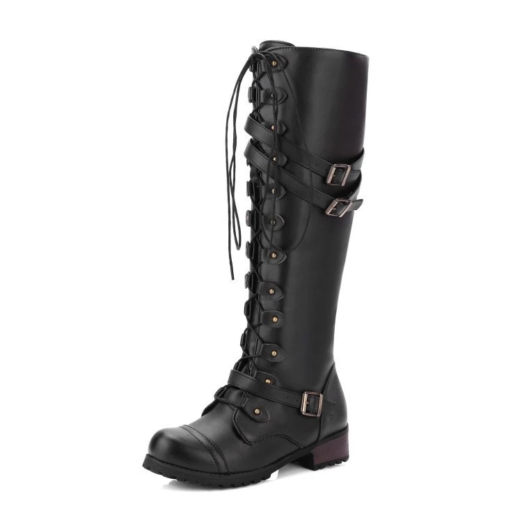Botas de Caballero de gran tamaño para Mujer, BOTAS Altas de PU with Tacón Cuadrado y cinturón de cinturón con Remaches de Cabeza Redonda para Mujer.