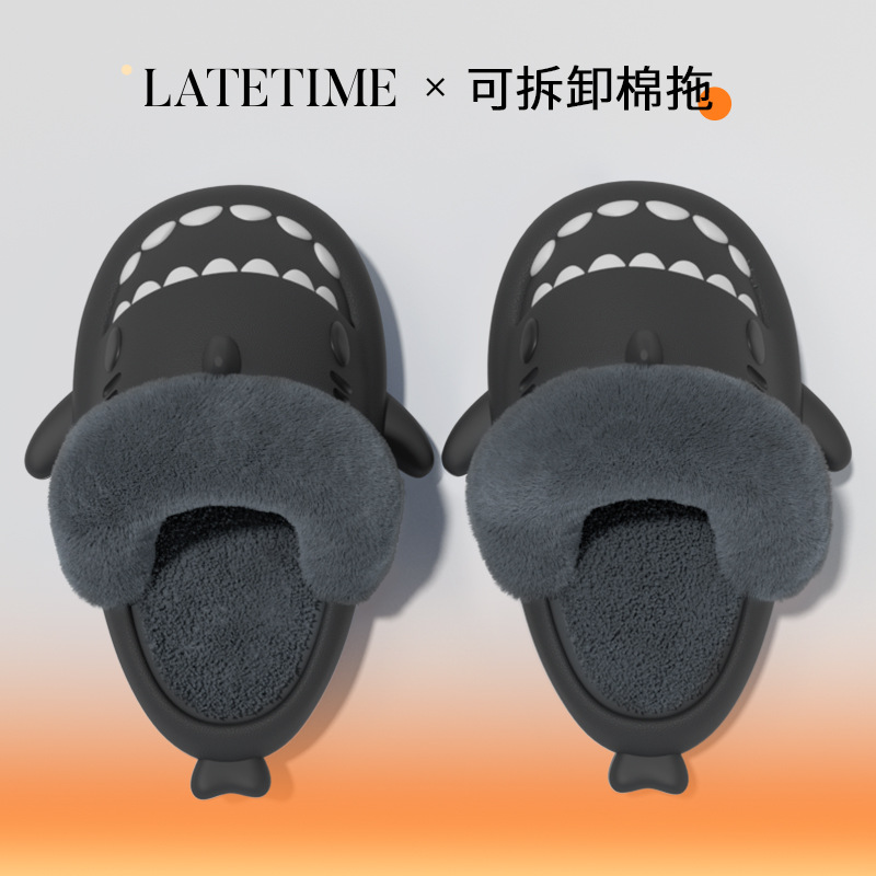 CA Pantuflas de algodón de tiburón extraíbles para hombres, otoño e invierno, hogar, fondo suave, antideslizantes, cálidas y terciopelo, pantuflas de algodón para parejas para mujeres.