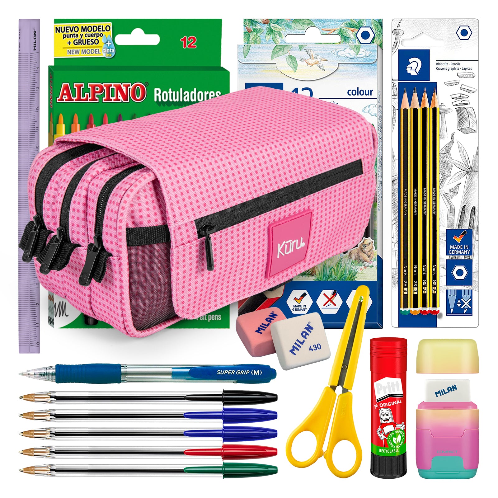 ColePack Kuru22 - Estuche Triple de 3 Cremalleras con Material Escolar Incluido. Rosa
