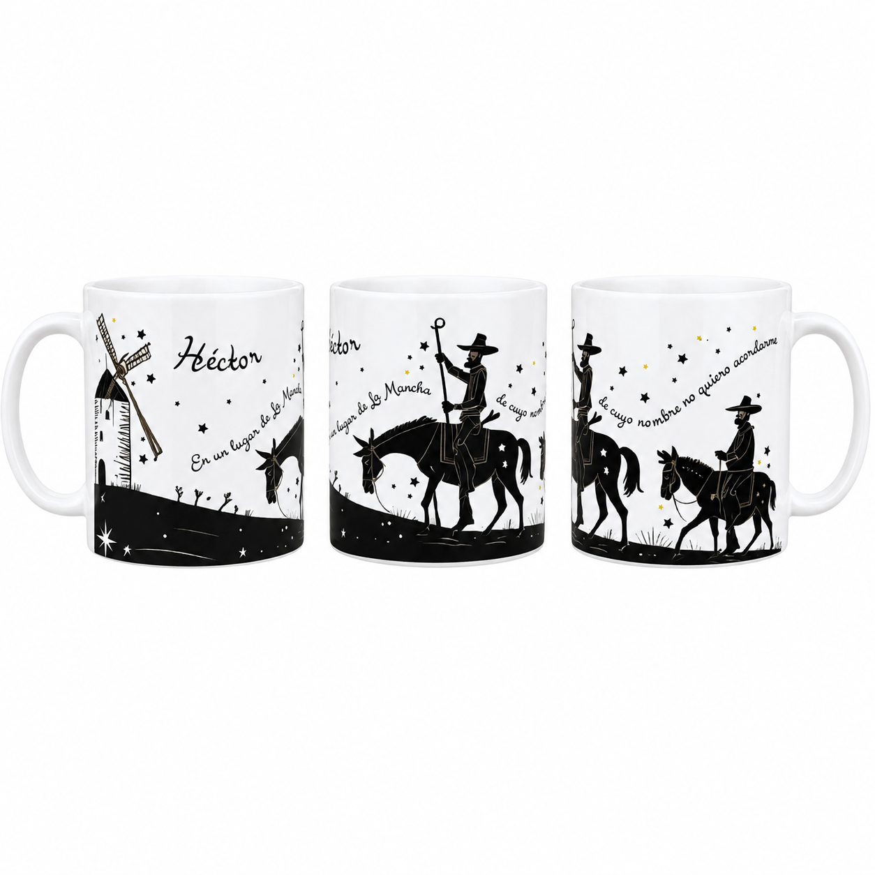 Taza Don Quijote de la Mancha Personalizada con Nombre Cervantes Sancho Panza Molino Frase Literaria Regalo Lector Profesor 330 ml Enna Blues Designs