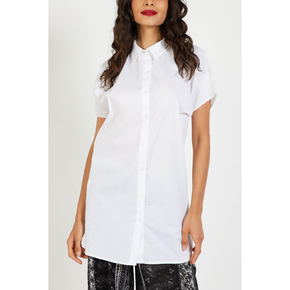 Camisa larga mujer, túnica, blusa clásica manga corta, algodón fresco, diseño urbano sofisticado, corte recto, color blanco, talla L, look versátil oficina o diario, fácil de combinar ✅Entrega 24/48h