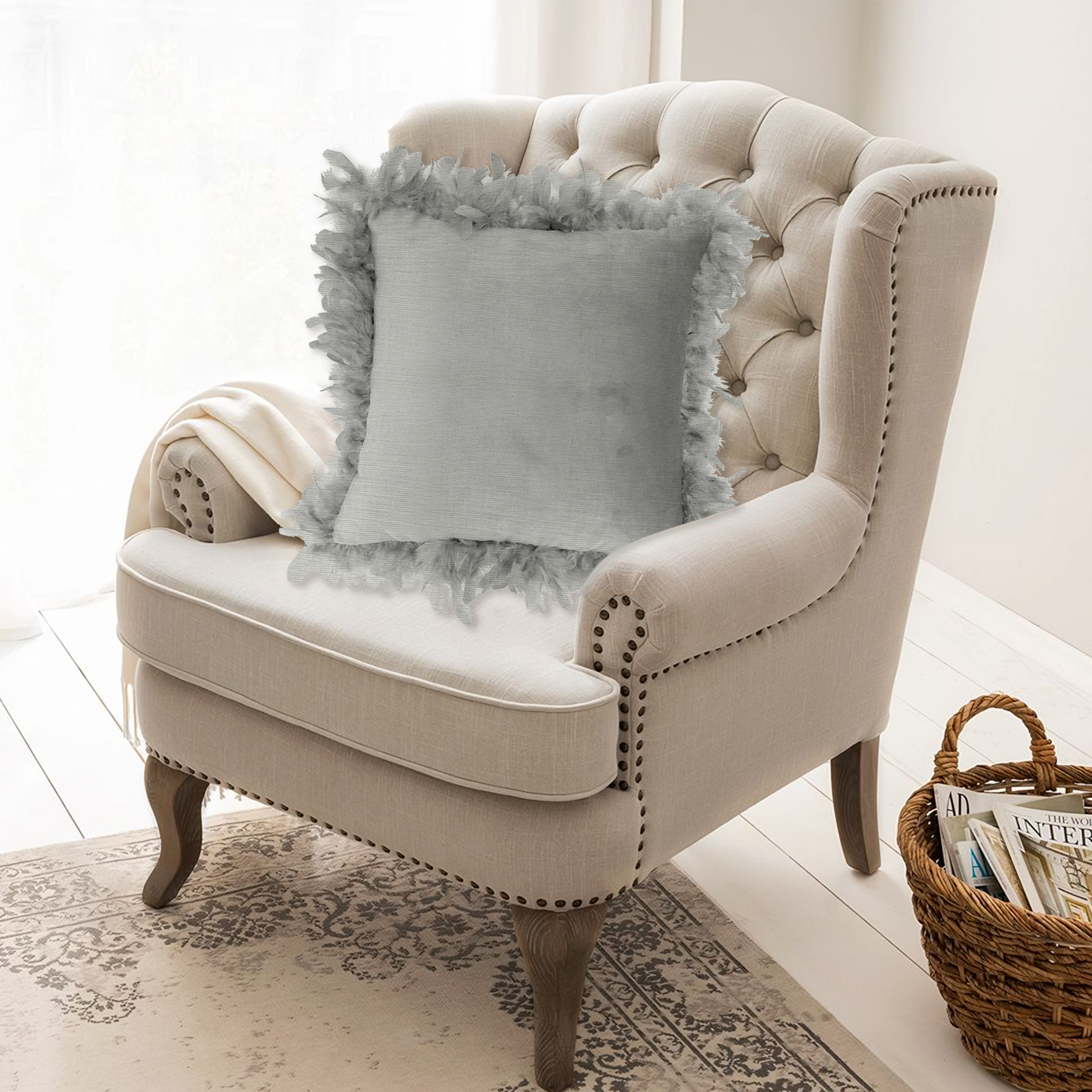 Vivid Torral - Cojín decorativo de terciopelo con plumas y relleno incluido 45 x 45 cm (5 colores: Rosa, Gris, Verde, Blanco y Negro)
