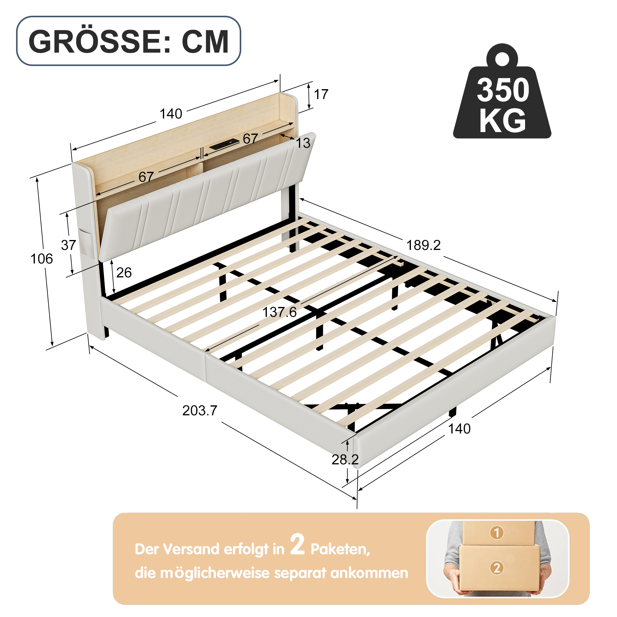 Superaly - Upholstered Double Bed 140 x 190 cm with LED Lighting, Bed with Slatted Base and 2 Sockets & USB, Upholstered Headboard with Open Shelves, Floating Effect, Mattress Not Included