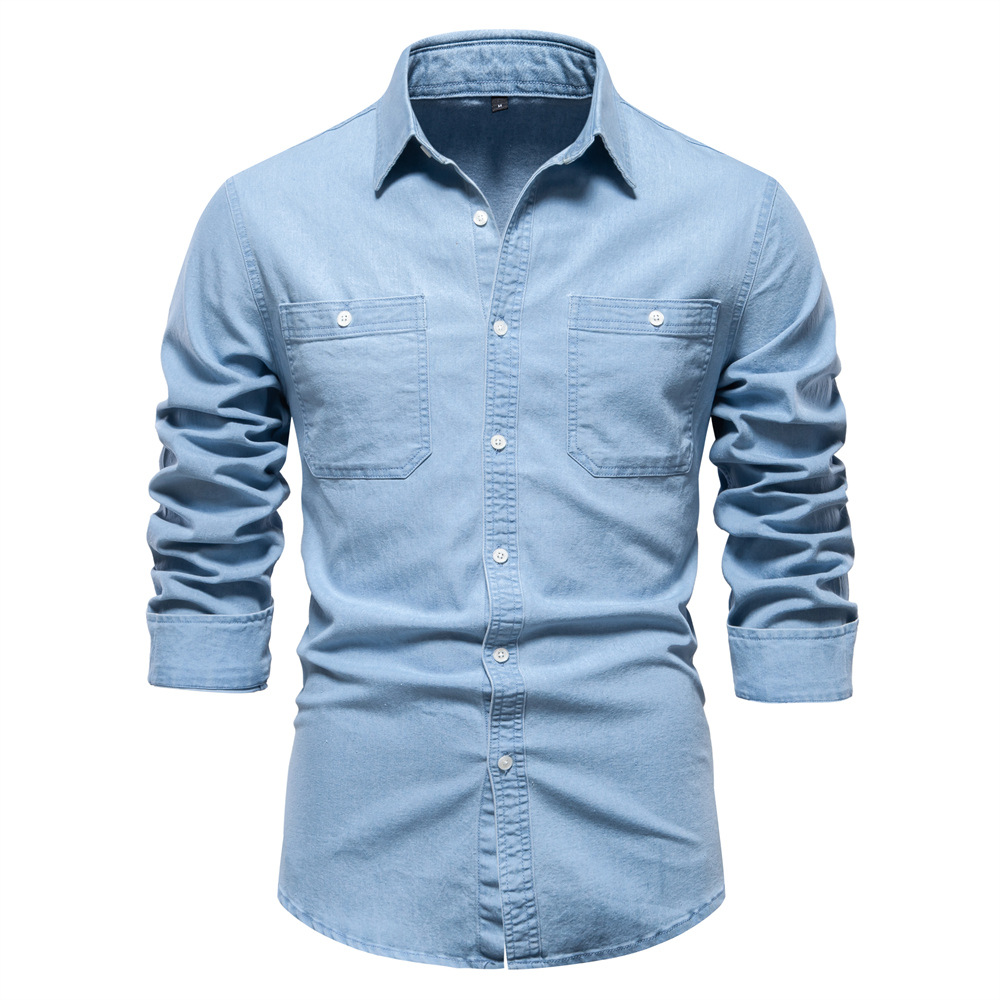 TK Camisa vaquera de manga larga para hombre, estilo otoño/invierno, sin arrugas, color liso informal.